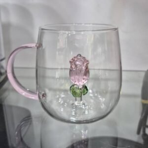 كوب الزجاجي الشفاف المزخرف بوردة وردية