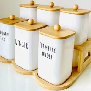طقم برطمانات توابل سيراميك بغطاء خشبي