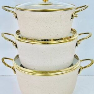 طقم قدور طهي أنيق بثلاثة أحجام مع لمسات ذهبية