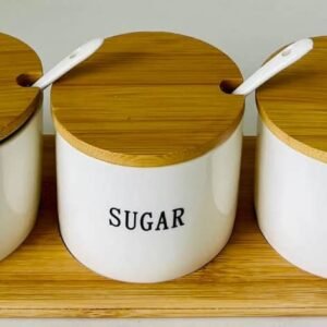 طقم علب سيراميك أبيض مع أغطية خشبية – 3 قطع