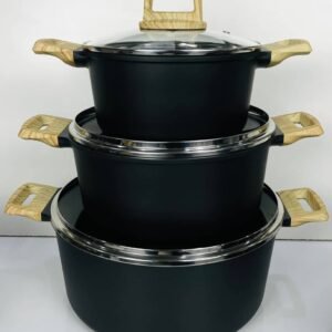 طقم قدور طهي أسود مع مقابض خشبية – 3 قطع