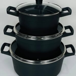 طقم قدور طهي أسود مع أغطية زجاجية – 3 قطع