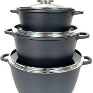 طقم قدور طهي غير لاصقة بلون أسود – 3 قطع