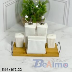 طقم خدمة صلصات (Vinaigrette) – 6 قطع مع قاعدة خشبية