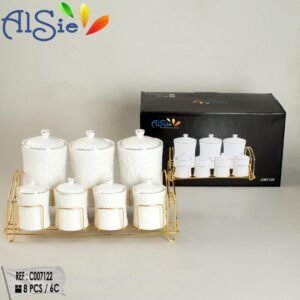 طقم علب سيراميك أبيض مع رف معدني ذهبي – 6 قطع