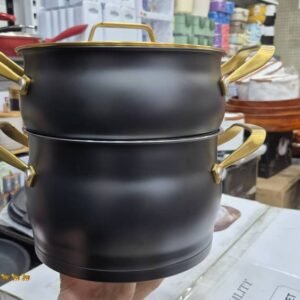 طقم قدور بخاري أسود بمقابض ذهبية – 3 قطع 4لتر