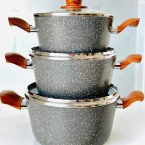 طقم قدور جرانيت رمادي منقط مع مقابض خشبية – 3 قطع