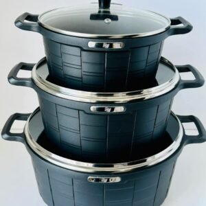 طقم قدور طهي أسود بنقوش أنيقة – 3 قطع