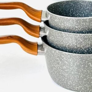 طقم قدور جرانيت رمادي منقط مع مقابض خشبية – 3 قطع