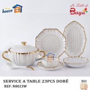 طقم أدوات مائدة فاخر من البورسلان الأبيض المزخرف بالذهب – 23 قطعة