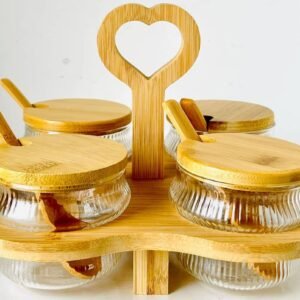 طقم برطمانات زجاجية مع أغطية وأدوات من الخيزران – 4 قطع